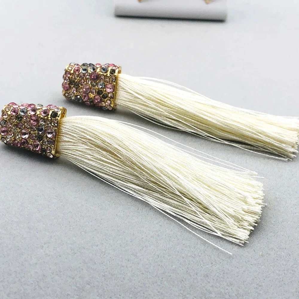 Dangle Earrings Set 2 Pair Gold‎ Tone Chandelier Pink Rhinestone White Tassel